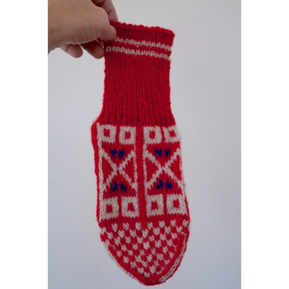 Vtg 40s Hygge Primitive Handknit 100% Wool Red White Xmas Christmas Stocking